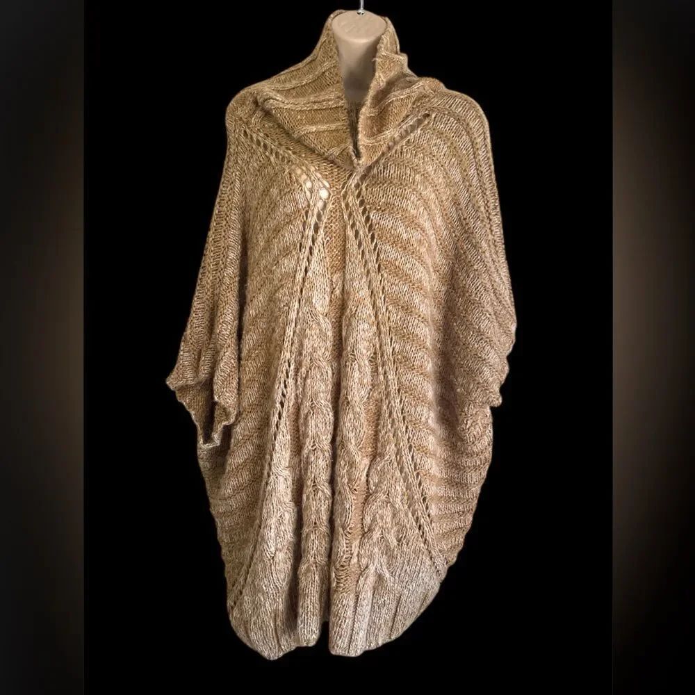 Buffalo David Bitton Wool Blend Knit chunky Pancho Women’s Brown Cowl Neck XL